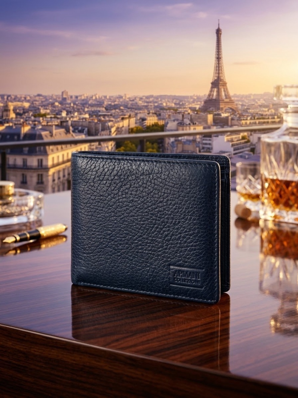 Authentic Armani Collezioni Men's Midnight Blue Grained Leather Bi-Fold Wallet